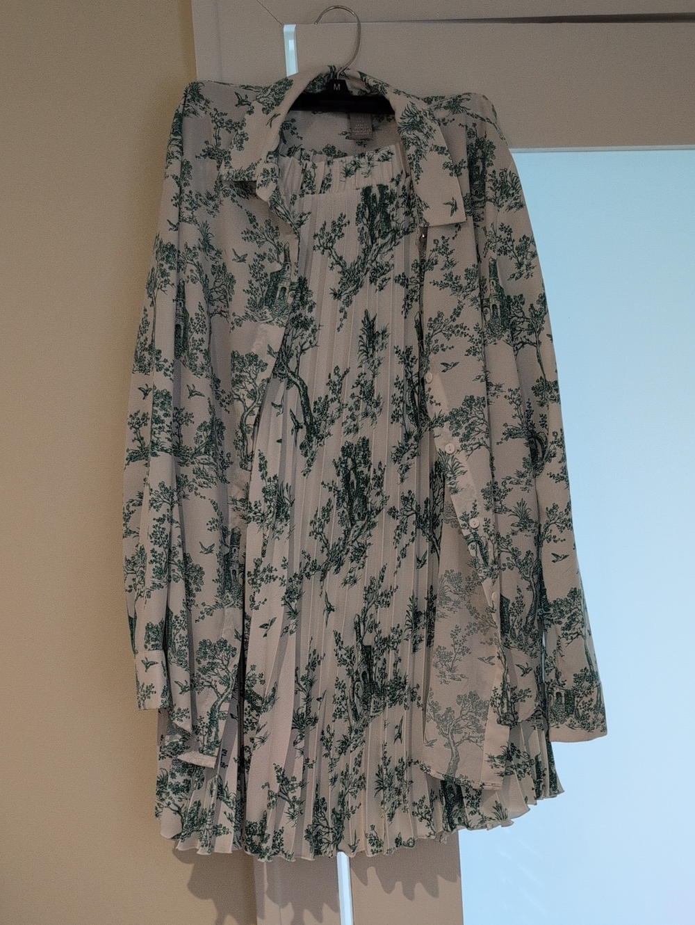 Green Toile Print Pleated Women's Dress